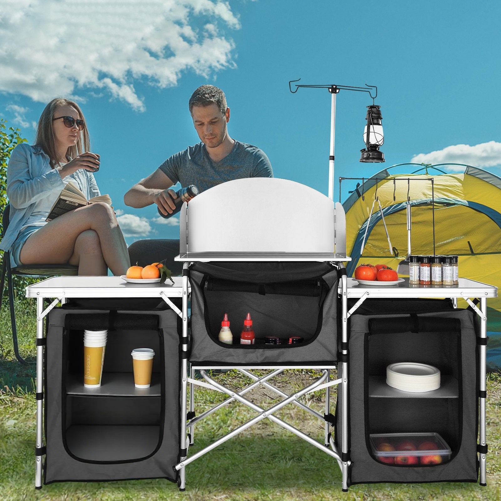 Camping Kitchen Table, Folding Outdoor Cooking Table with Storage Carrying Bag, Aluminum Cook Station 3 Cupboard & Detachable Windscreen, Quick Set-up for Picnics, BBQ, RV Traveling, Black