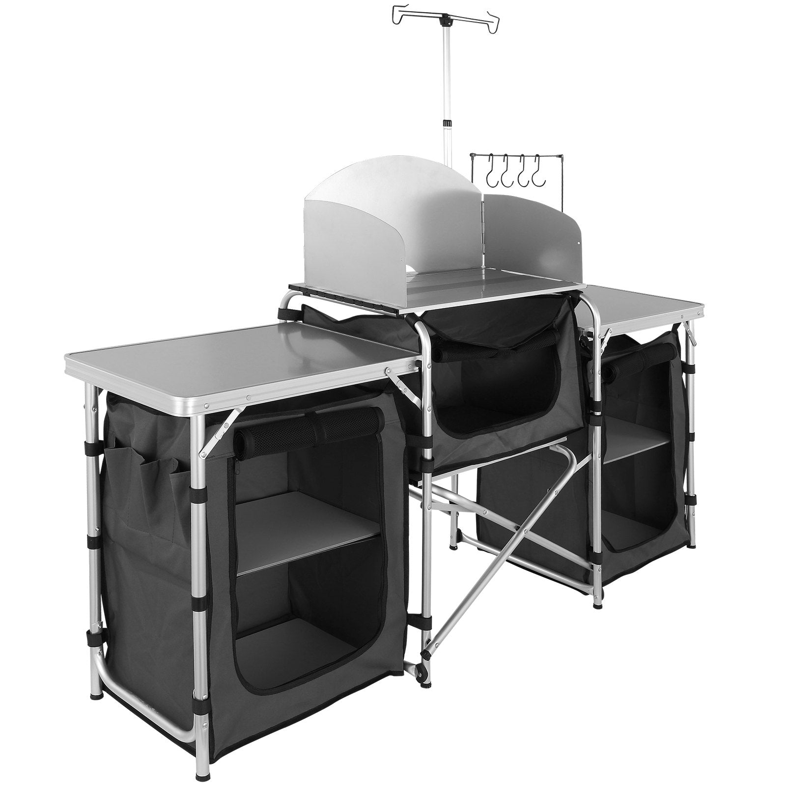 Camping Kitchen Table, Folding Outdoor Cooking Table with Storage Carrying Bag, Aluminum Cook Station 3 Cupboard & Detachable Windscreen, Quick Set-up for Picnics, BBQ, RV Traveling, Black