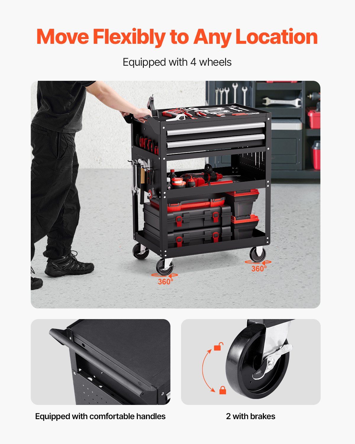 5-Tier Tool Cart with Wheels, 400 lbs Load Capacity, Rolling Work Cart with 2 Drawers & Pegboard, Mechanic Tool Storage Organizer with Locking System for Garage, Warehouse and Repair Shop, Black