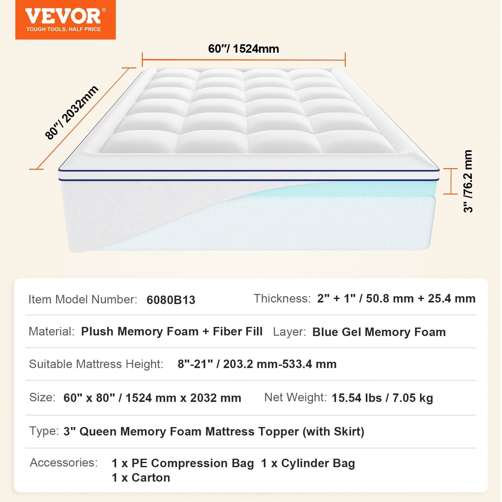 Mattress Topper, Queen Size, 76.2 mm Thickness, Memory Foam, Fiber Fill, Detachable & Washable, Ergonomically Designed for Pressure Relief, Comfortable Cooling & Breathable, for Hot Sleepers