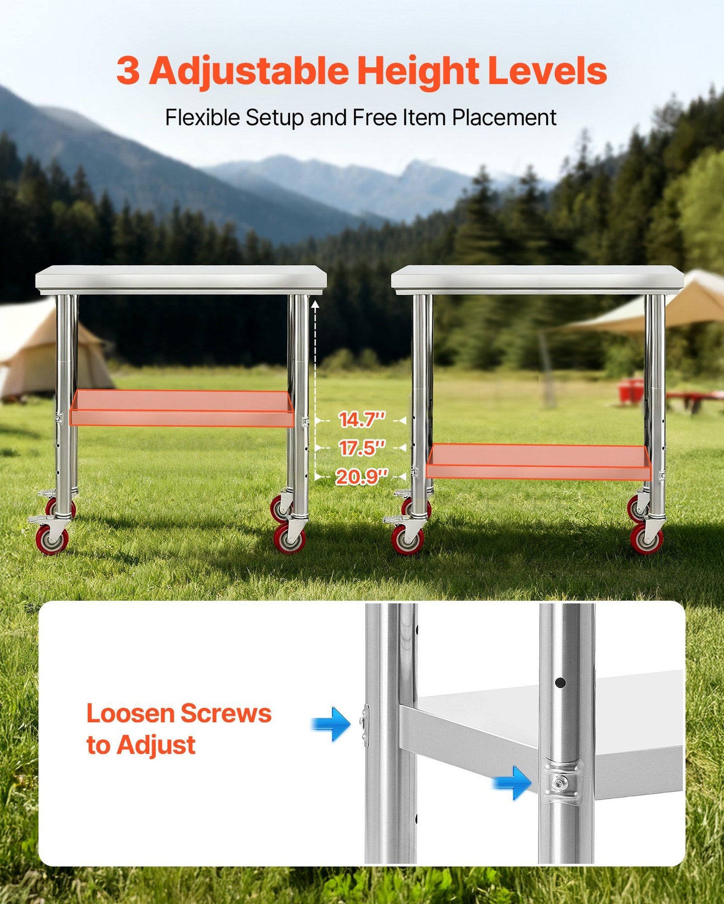 Stainless Steel Table, 60 x 90 cm Food Prep Worktable with Wheels, Kitchen Prep Table with Adjustable Undershelf Workstations for Commercial Kitchen, Restaurant, Hotel and Garage, Outdoor
