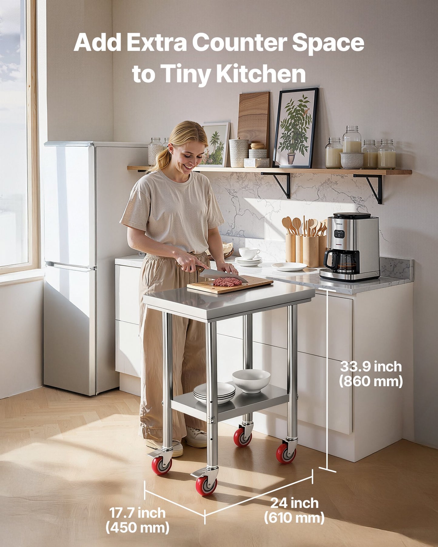 Stainless Steel Table, 61 x 45 cm Food Prep Worktable with Wheels, Kitchen Prep Table with Adjustable Undershelf Workstations for Commercial Kitchen, Restaurant, Hotel and Garage, Outdoor
