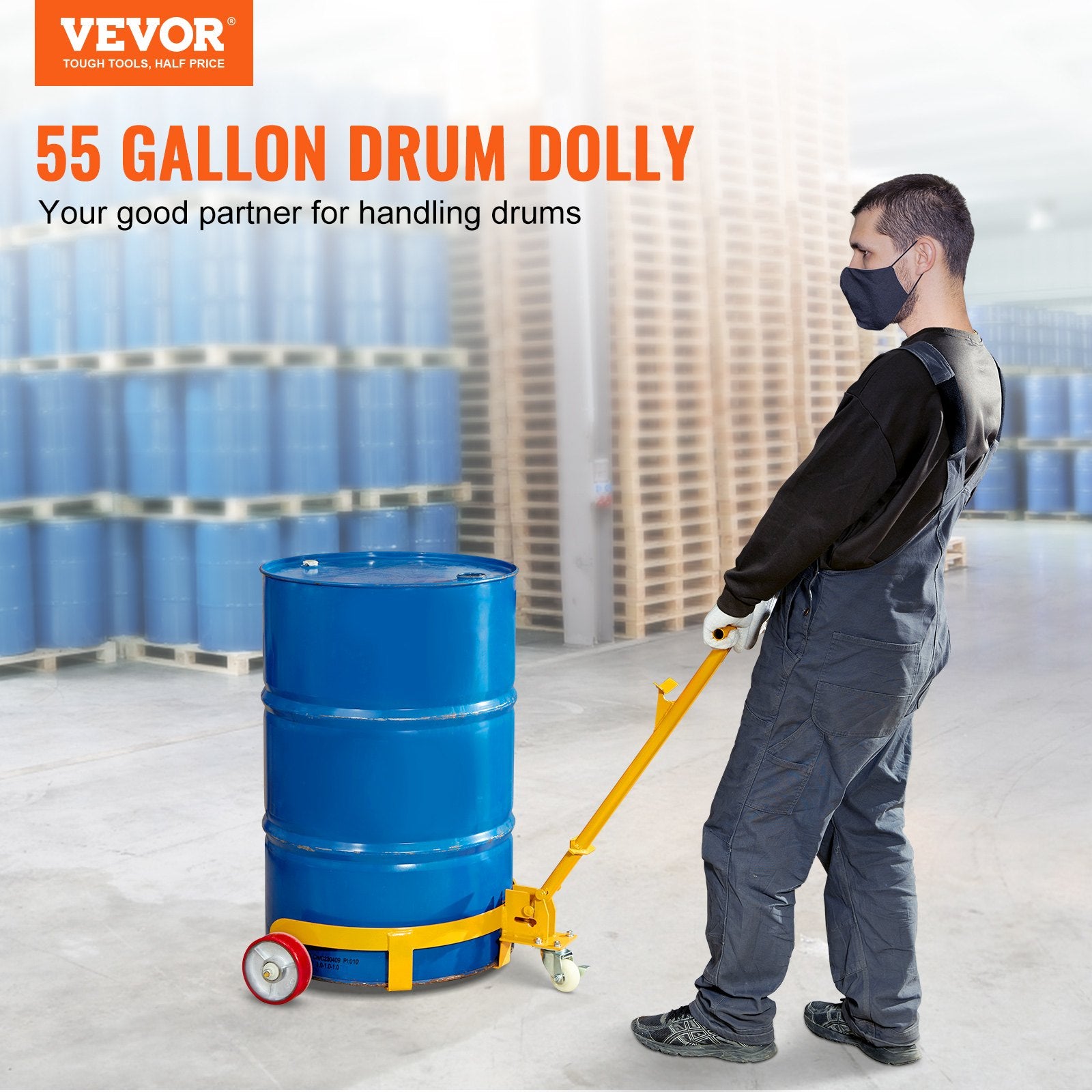 250L Drum Dolly, 544 kg Load Capacity, Barrel Dolly Cart Drum Caddy Round Dolly Steel Low Profile, Heavy Duty Steel Frame with Adjustable Handle 3 Wheels, for Workshop Factory Warehouse
