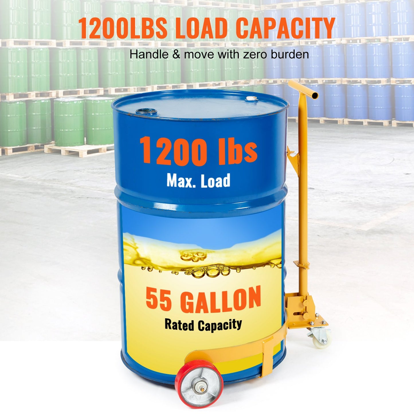 250L Drum Dolly, 544 kg Load Capacity, Barrel Dolly Cart Drum Caddy Round Dolly Steel Low Profile, Heavy Duty Steel Frame with Adjustable Handle 3 Wheels, for Workshop Factory Warehouse