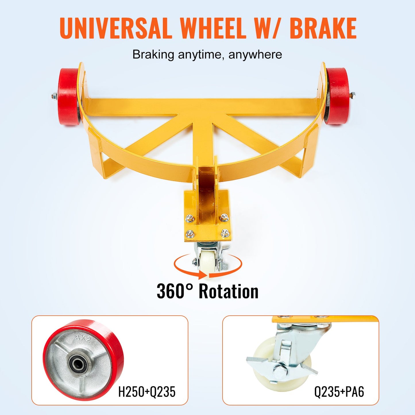 250L Drum Dolly, 544 kg Load Capacity, Barrel Dolly Cart Drum Caddy Round Dolly Steel Low Profile, Heavy Duty Steel Frame with Adjustable Handle 3 Wheels, for Workshop Factory Warehouse