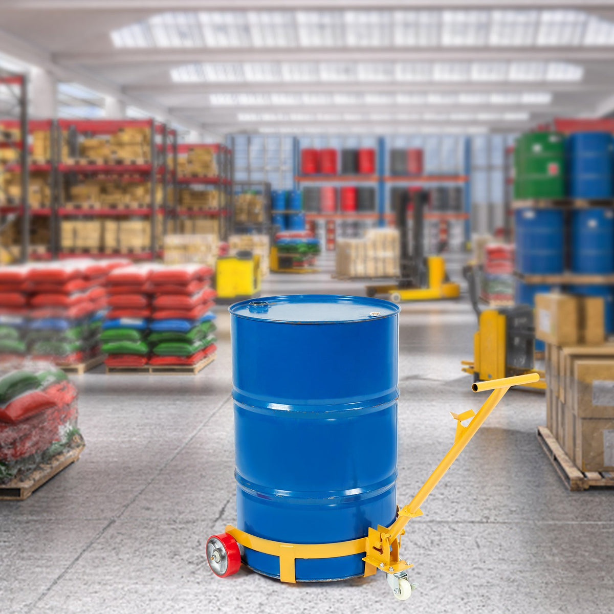 250L Drum Dolly, 544 kg Load Capacity, Barrel Dolly Cart Drum Caddy Round Dolly Steel Low Profile, Heavy Duty Steel Frame with Adjustable Handle 3 Wheels, for Workshop Factory Warehouse