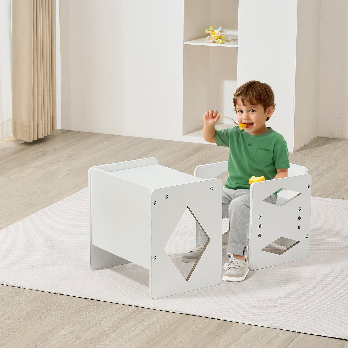 Montessori Weaning Table and Chair Set, Wooden Toddler Table and Chair Set for Aged 1-5, Adjustable Height Kids Montessori Chair and Activity Table, Ideal for Reading, Eating, Playing - White