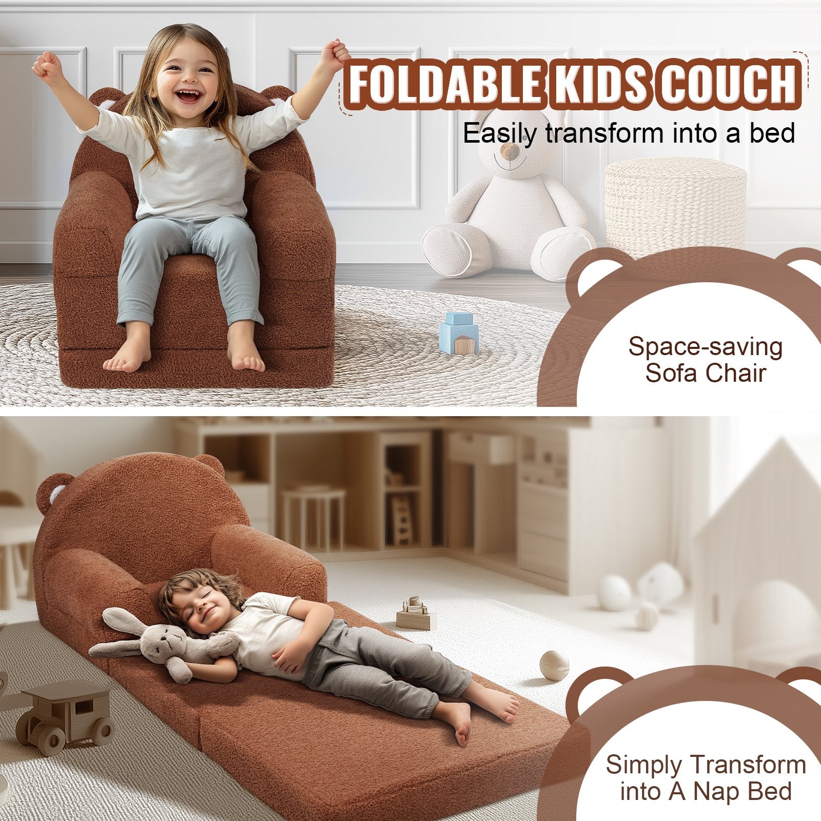 Baby Chair Foldable 2-in-1 Baby Lounger Couch Cartoon Kids Sofa Brown