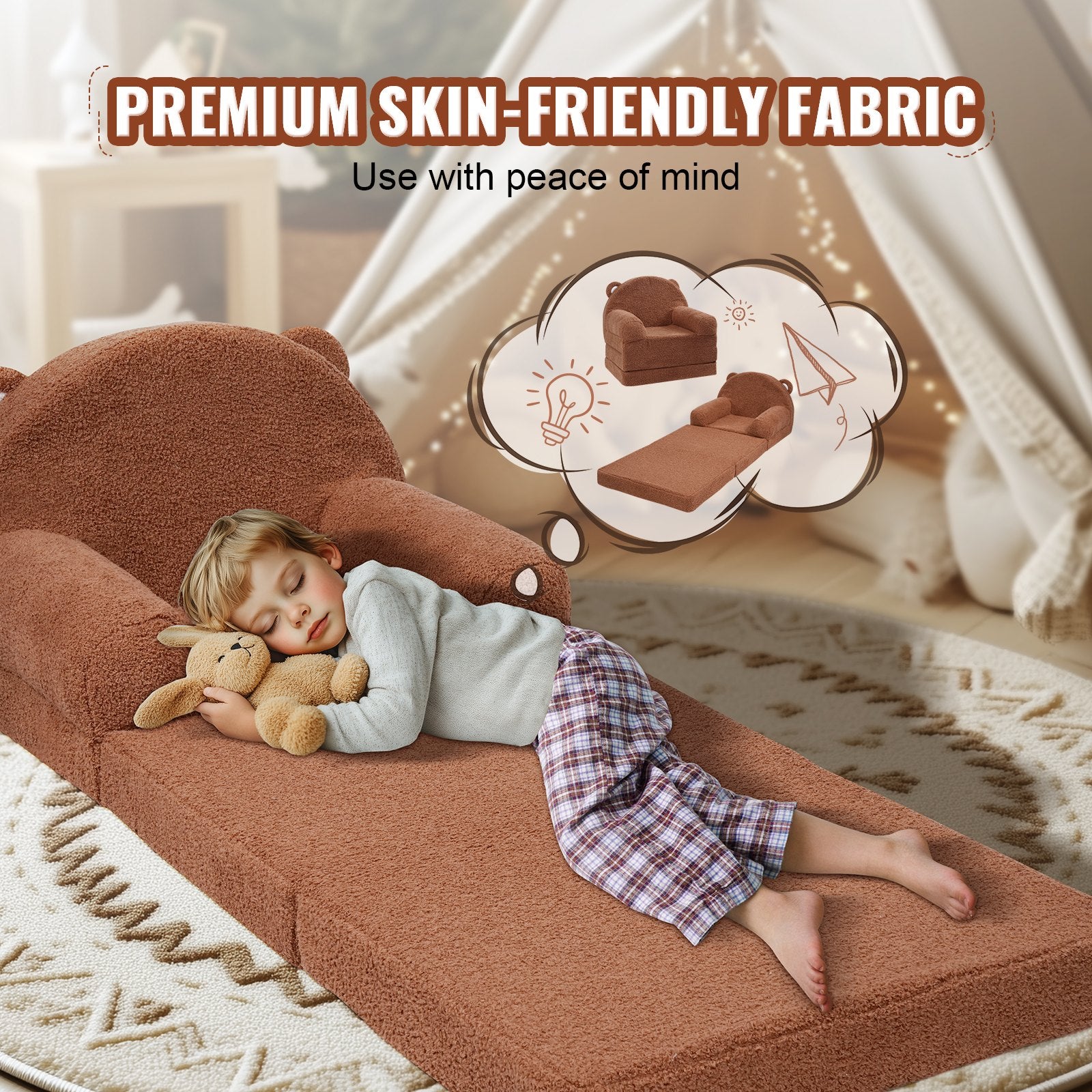 Baby Chair Foldable 2-in-1 Baby Lounger Couch Cartoon Kids Sofa Brown