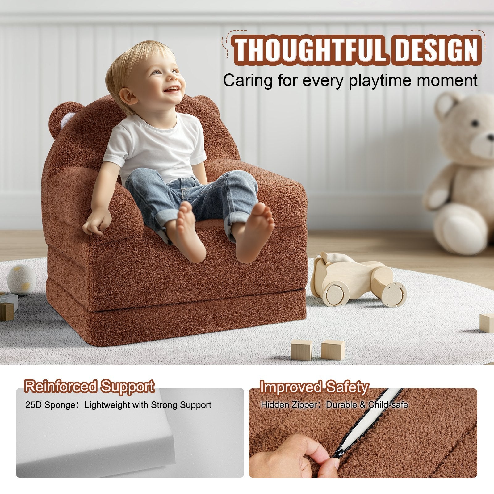 Baby Chair Foldable 2-in-1 Baby Lounger Couch Cartoon Kids Sofa Brown