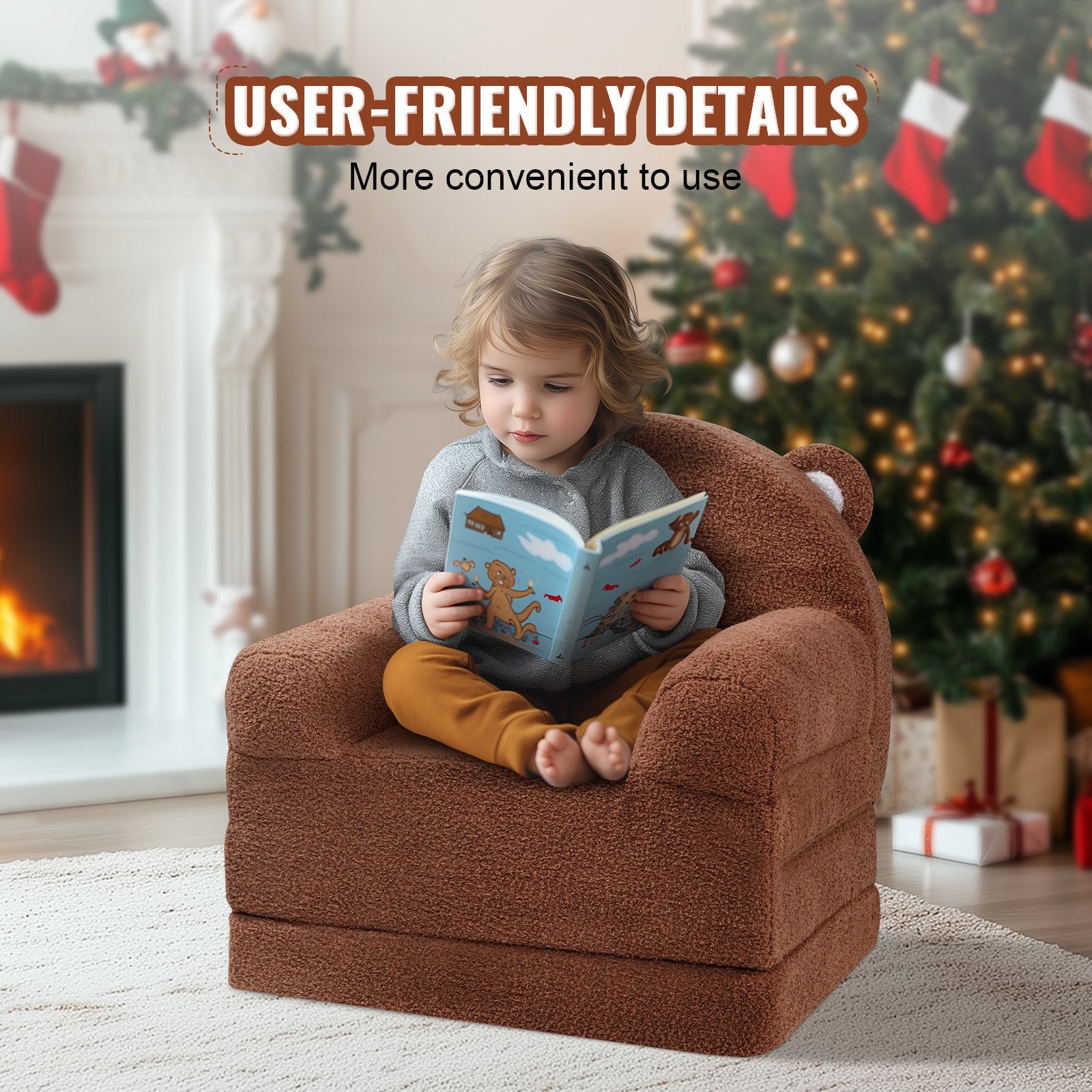 Baby Chair Foldable 2-in-1 Baby Lounger Couch Cartoon Kids Sofa Brown