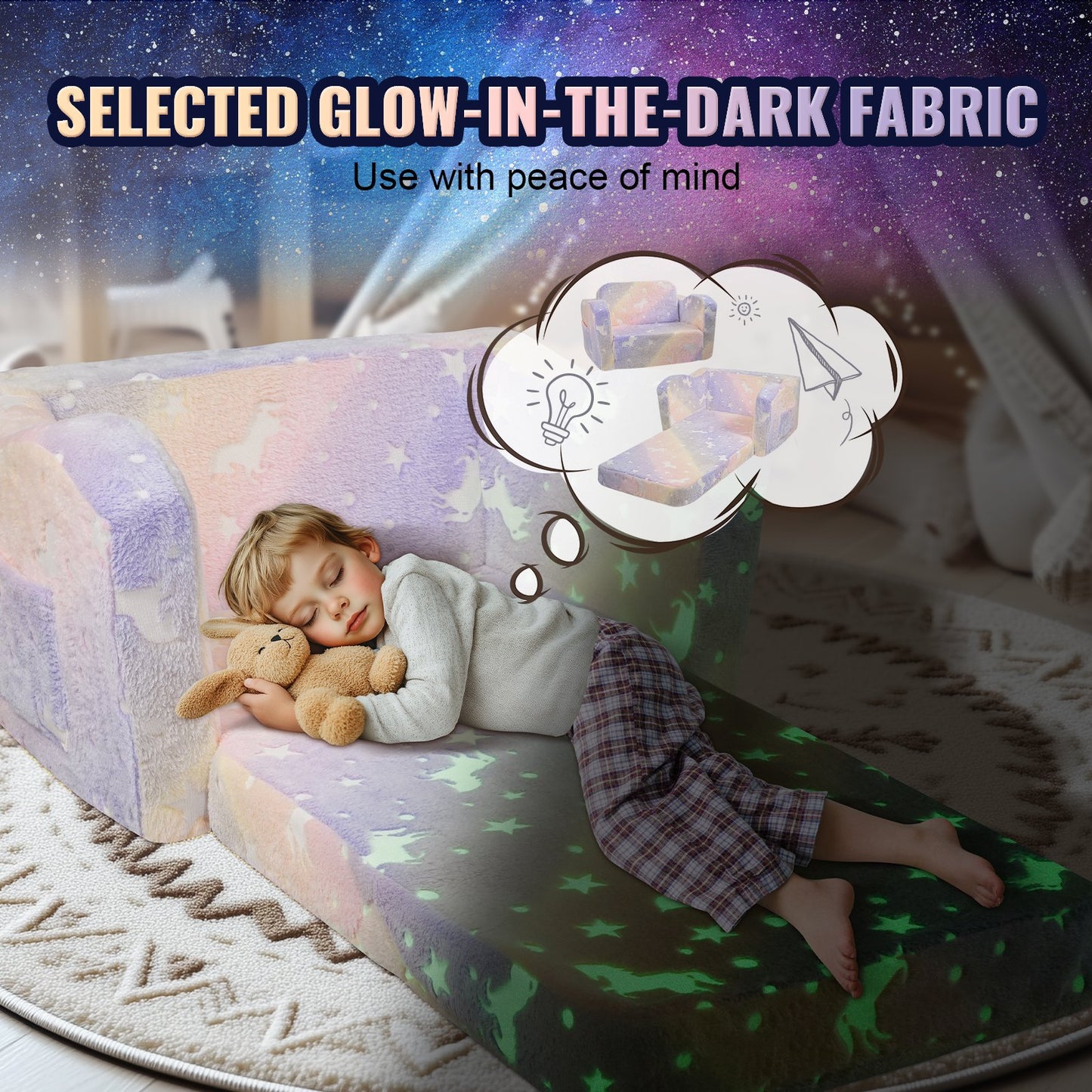 Foldable Baby Chair 2-in-1 Baby Lounger Couch Glow in Dark Kids Sofa