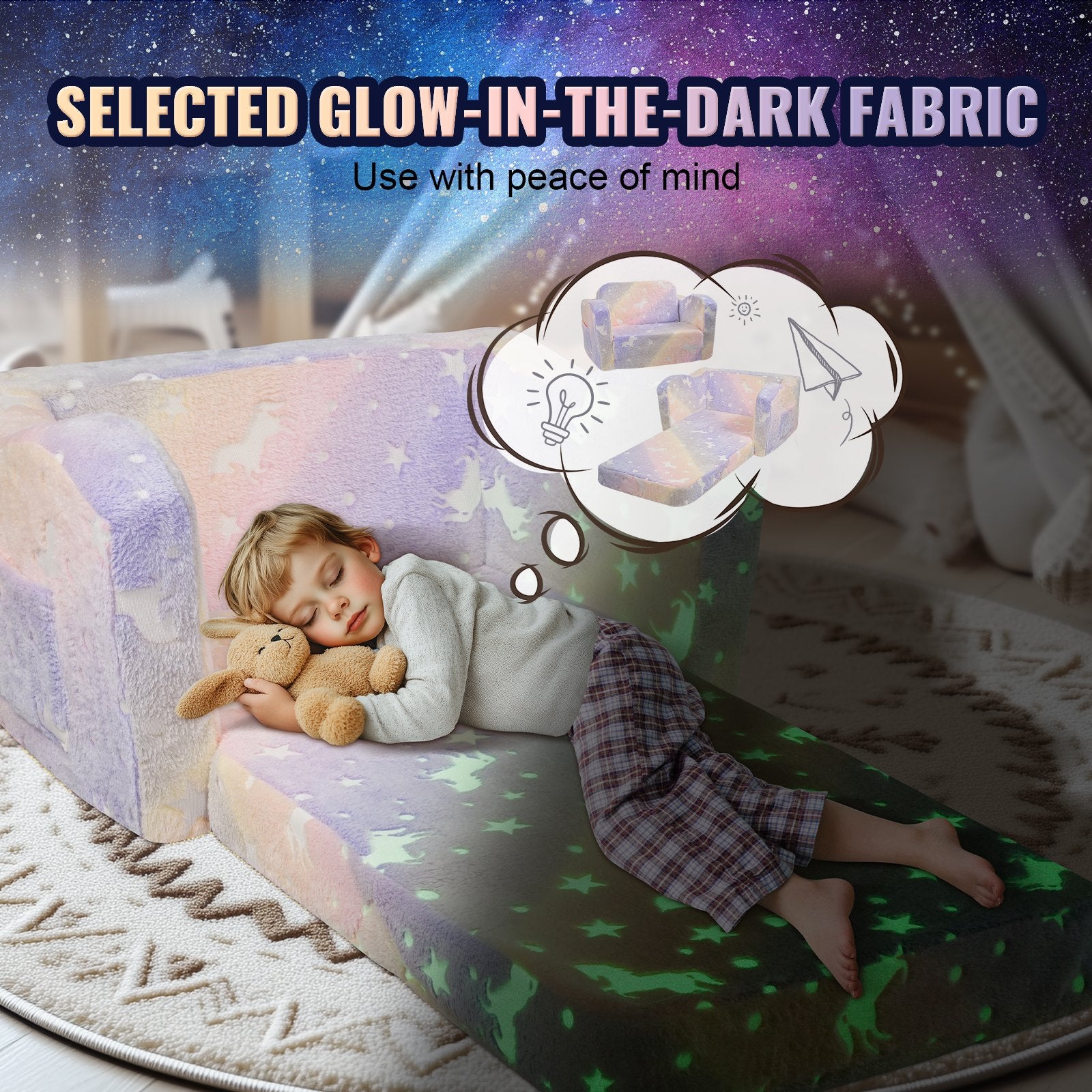 Foldable Baby Chair 2-in-1 Baby Lounger Couch Glow in Dark Kids Sofa