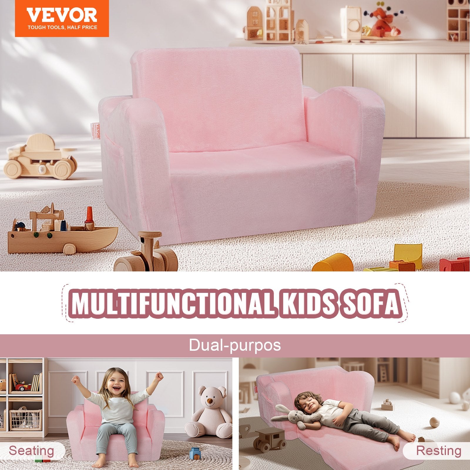 Baby Chair Foldable 2-in-1 Comfy Baby Lounger Couch Kids Sofa Pink