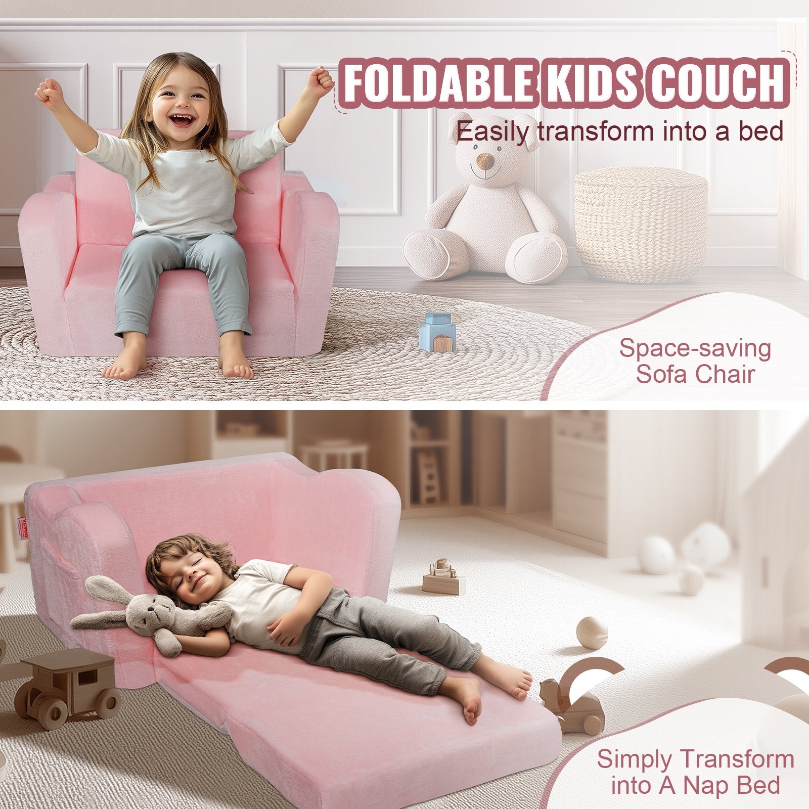 Baby Chair Foldable 2-in-1 Comfy Baby Lounger Couch Kids Sofa Pink