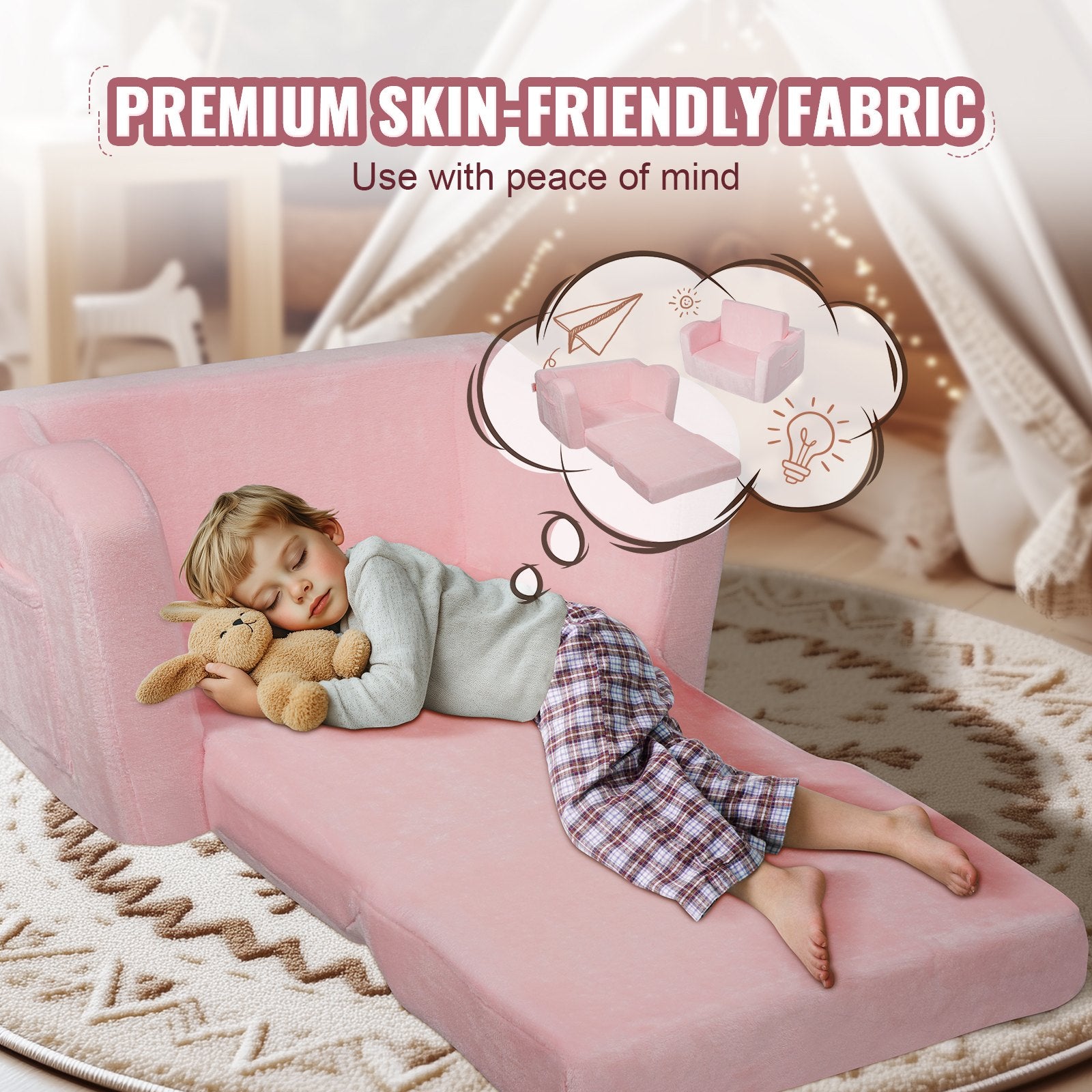Baby Chair Foldable 2-in-1 Comfy Baby Lounger Couch Kids Sofa Pink