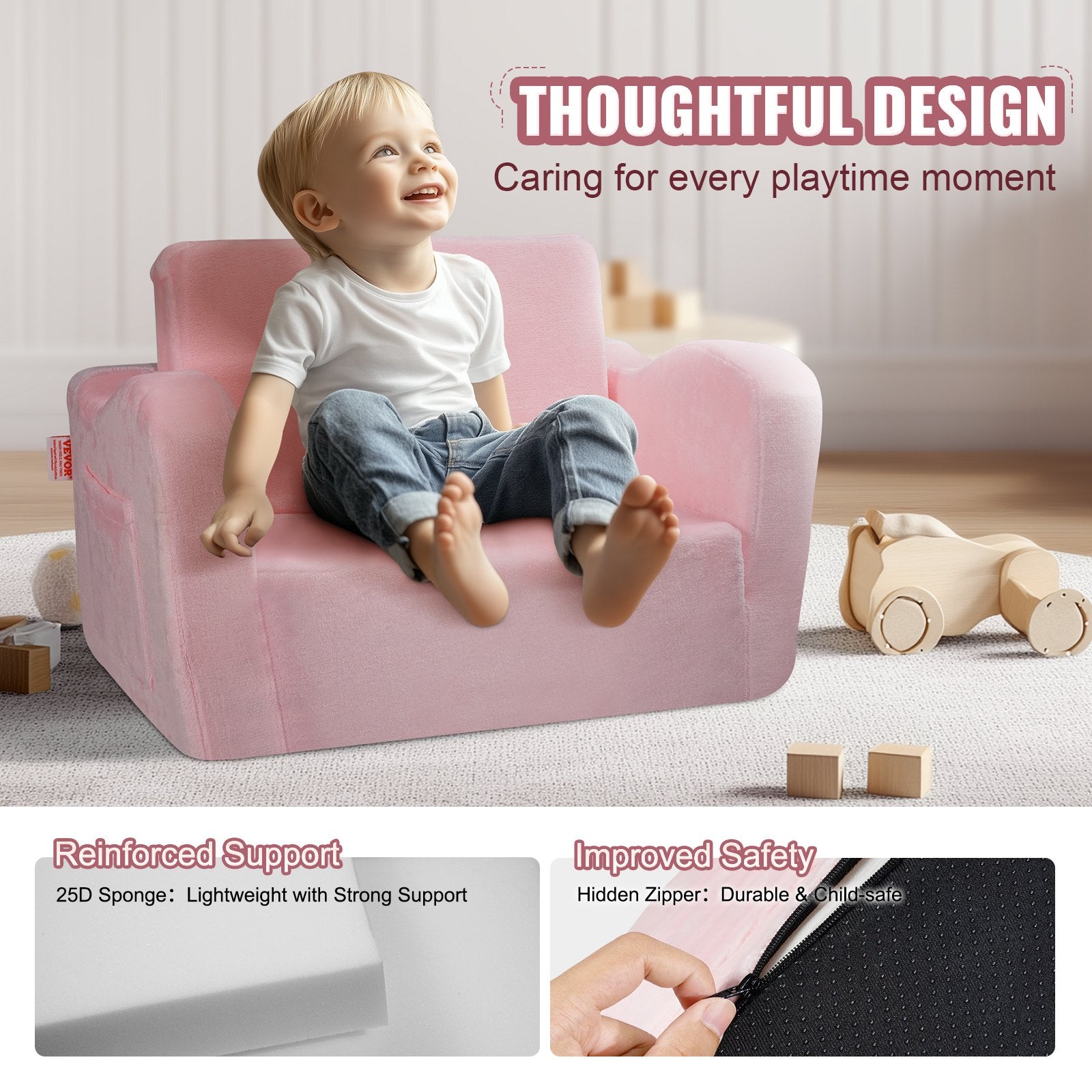 Baby Chair Foldable 2-in-1 Comfy Baby Lounger Couch Kids Sofa Pink