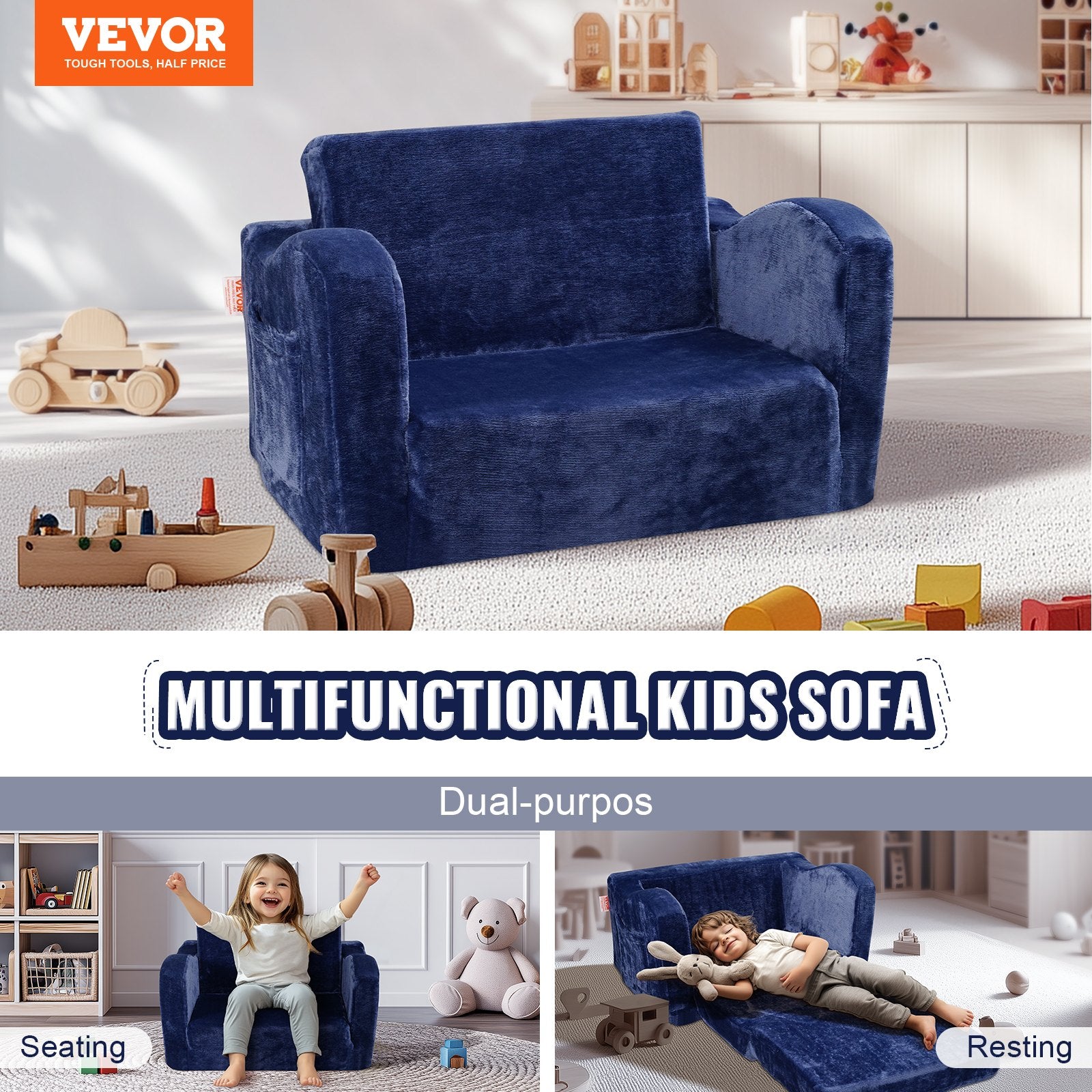 Baby Chair Foldable 2-in-1 Comfy Baby Lounger Couch Kids Sofa Blue