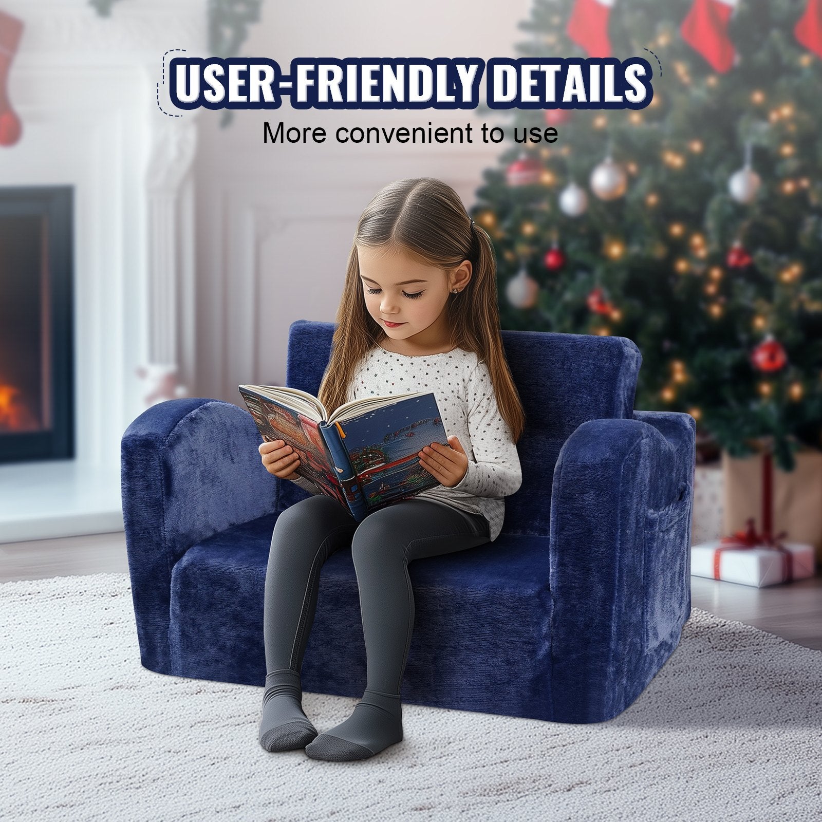 Baby Chair Foldable 2-in-1 Comfy Baby Lounger Couch Kids Sofa Blue