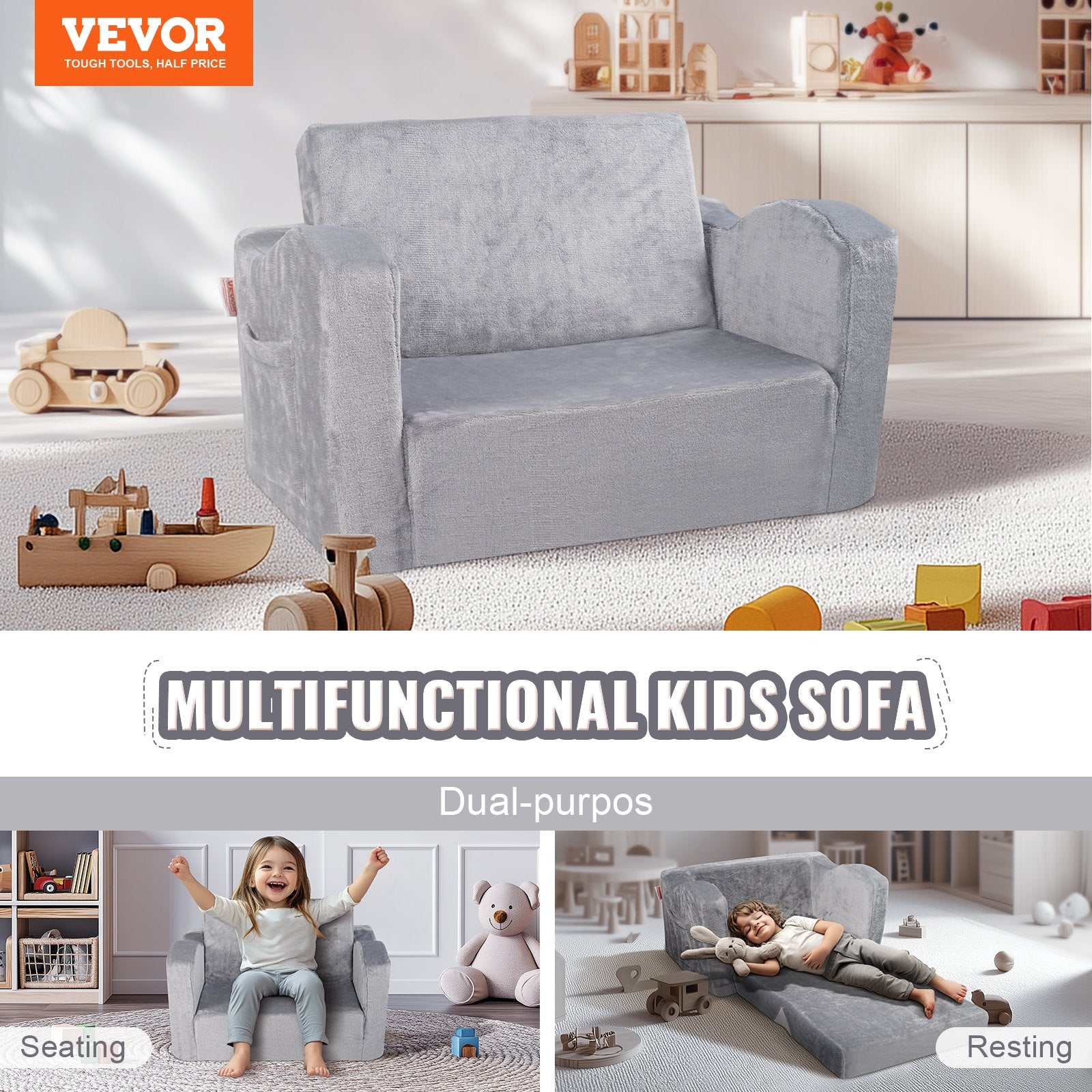 Baby Chair Foldable 2-in-1 Comfy Baby Lounger Couch Kids Sofa Grey