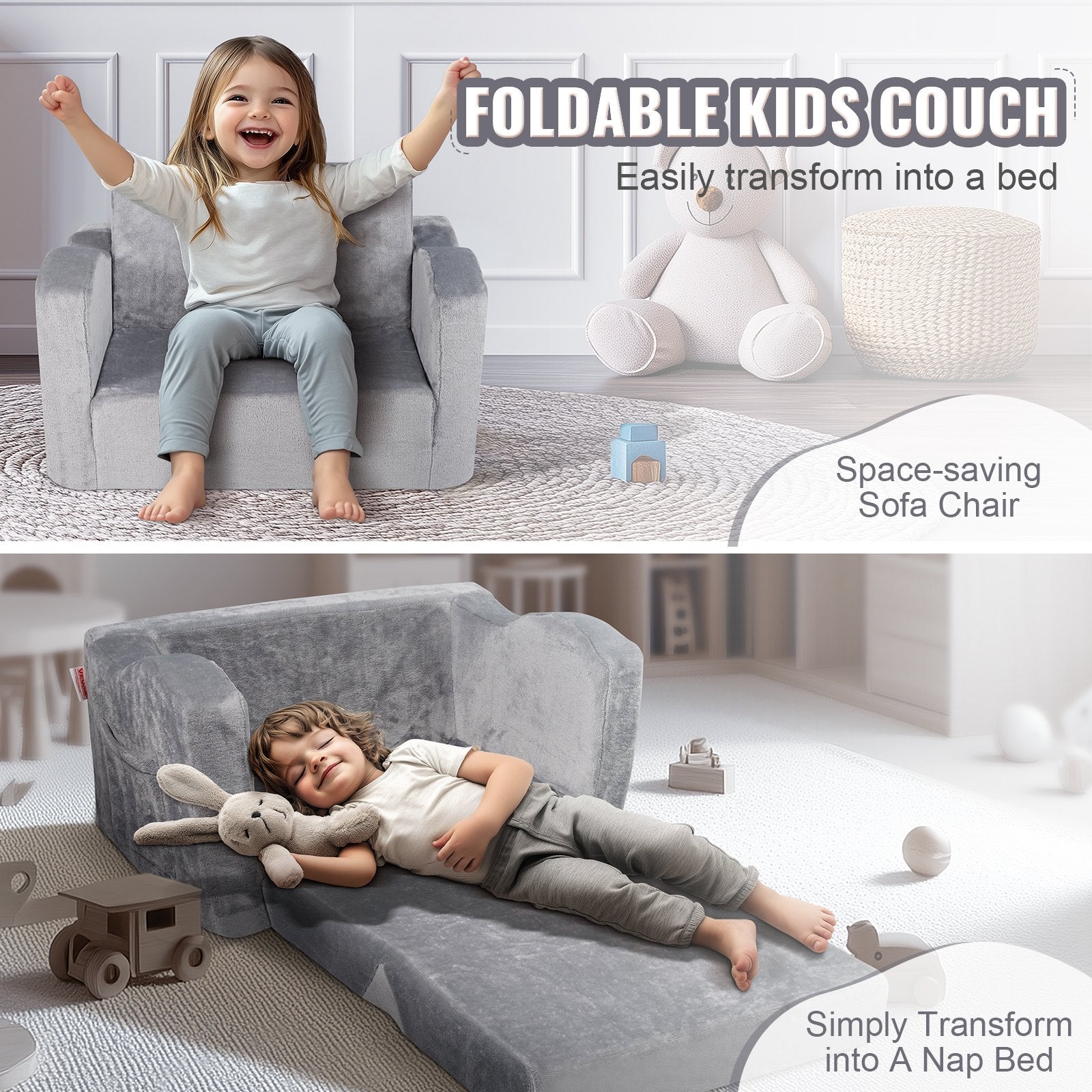 Baby Chair Foldable 2-in-1 Comfy Baby Lounger Couch Kids Sofa Grey