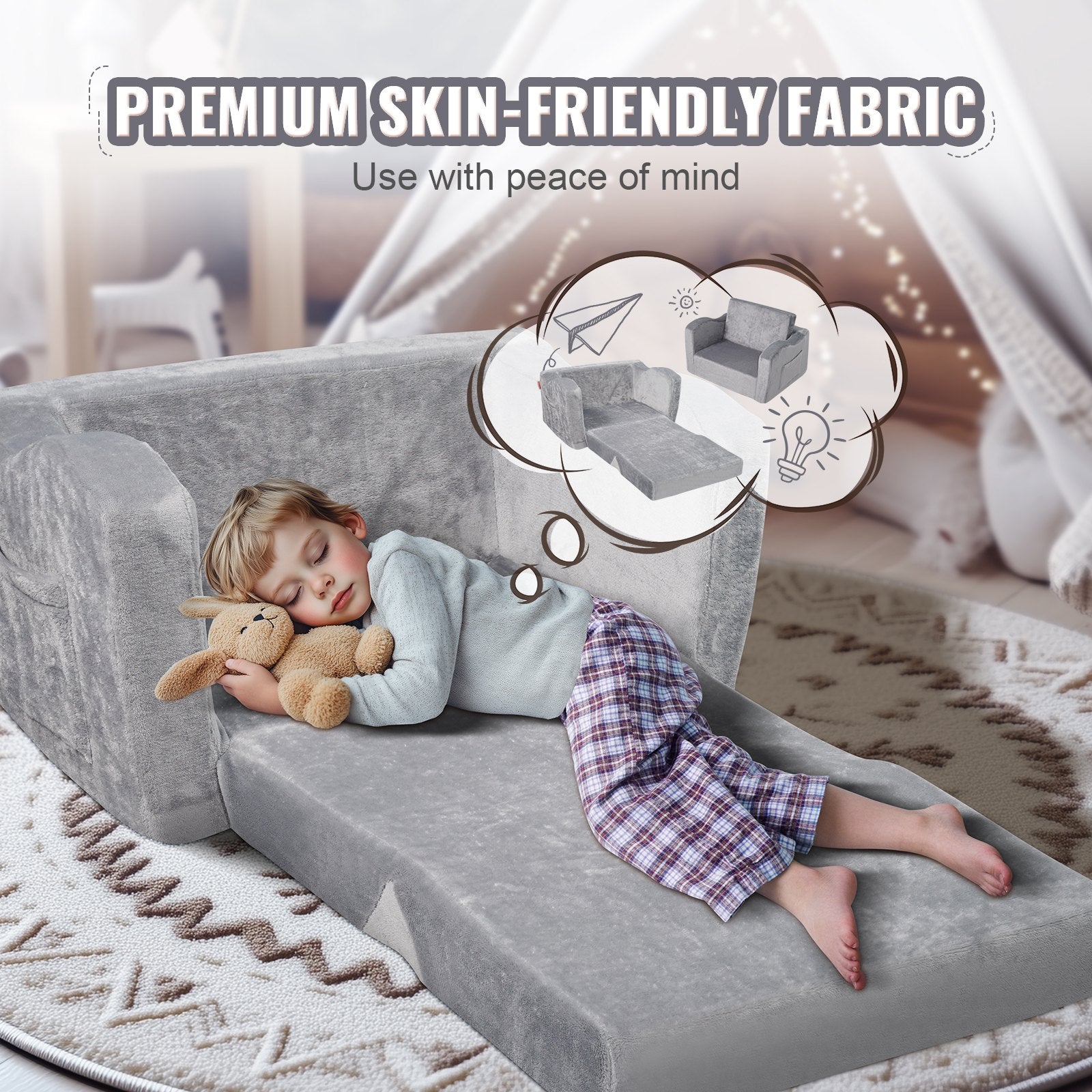 Baby Chair Foldable 2-in-1 Comfy Baby Lounger Couch Kids Sofa Grey