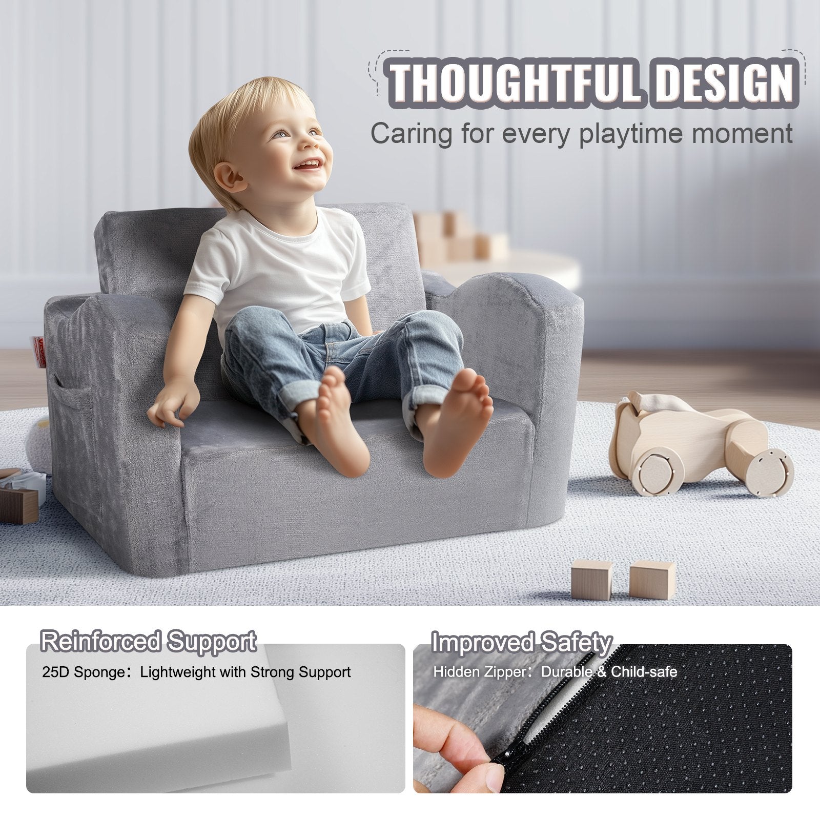 Baby Chair Foldable 2-in-1 Comfy Baby Lounger Couch Kids Sofa Grey