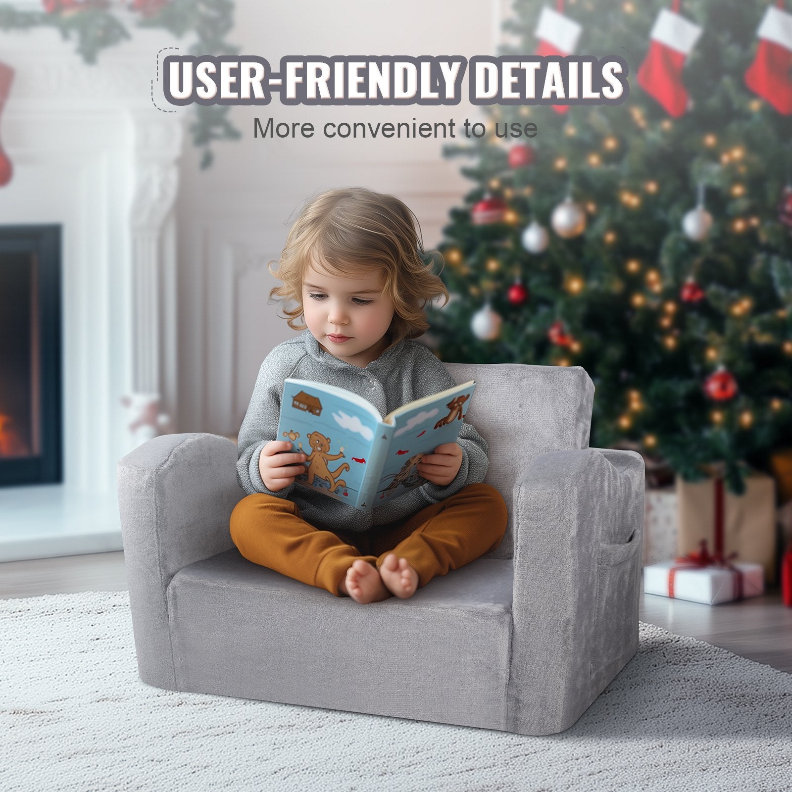 Baby Chair Foldable 2-in-1 Comfy Baby Lounger Couch Kids Sofa Grey