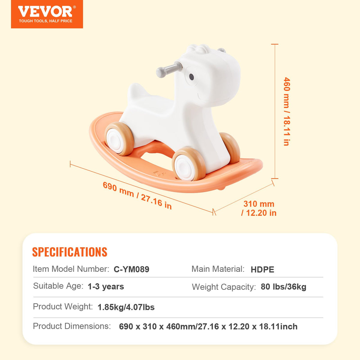 3 in 1 Rocking Horse for Toddlers 1-3 Years, Baby Rocking Horse with Detachable Balance Board and 4 Smooth Wheels, Support up to 80 lbs HDPE Material Kids Ride on Toy, Swinging, Orange
