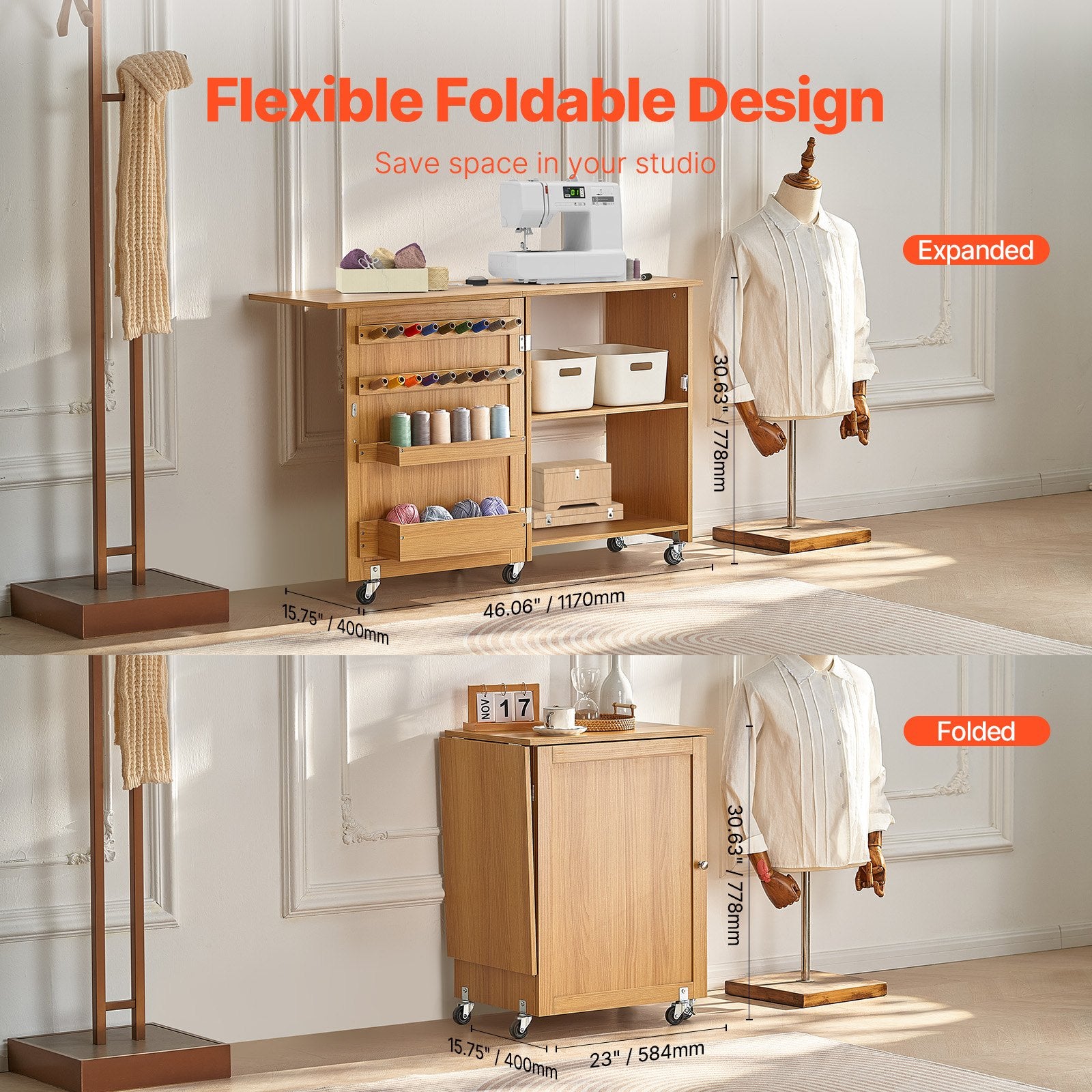 Folding Sewing Table with Lockable Wheels Shelves Trays Door Wood Color