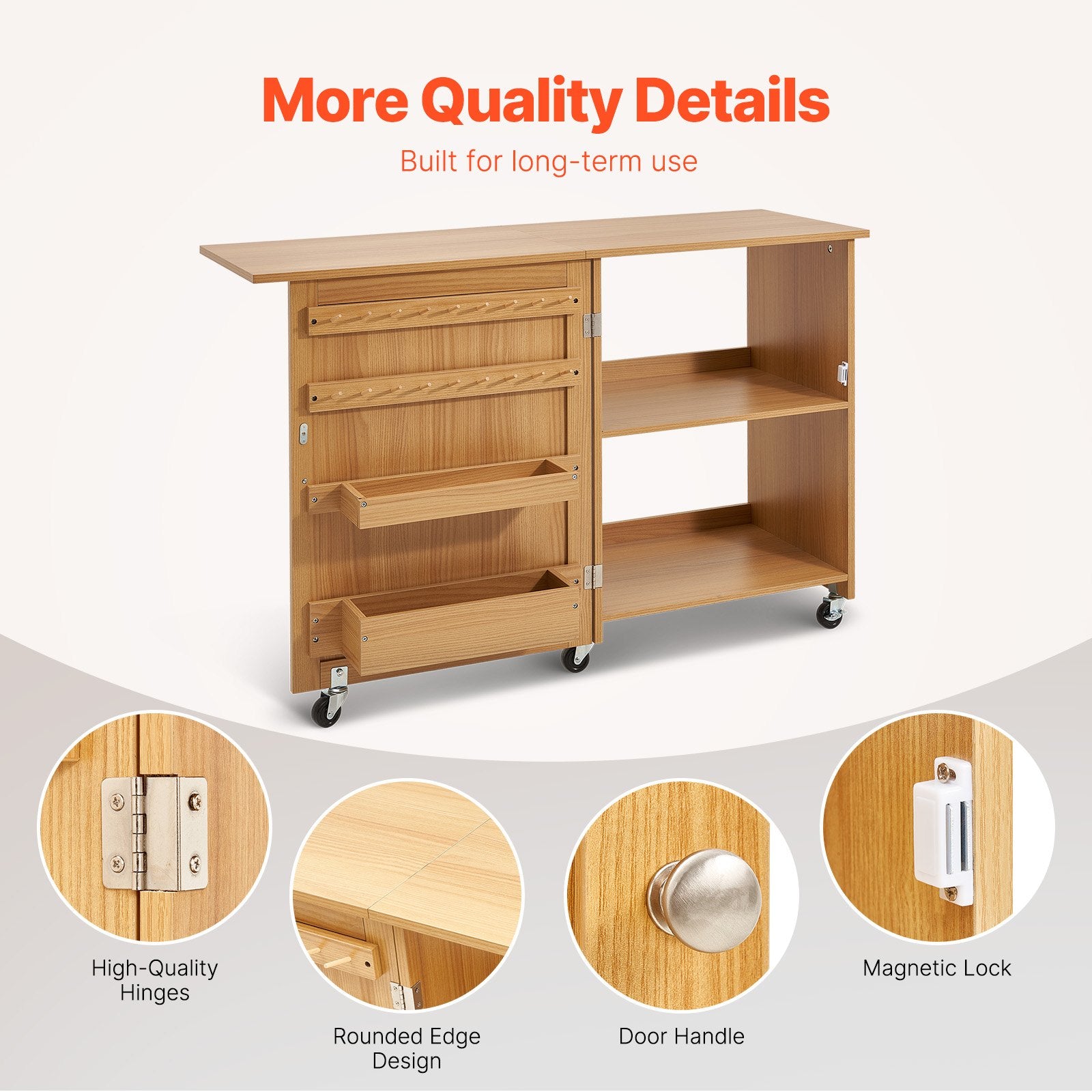 Folding Sewing Table with Lockable Wheels Shelves Trays Door Wood Color