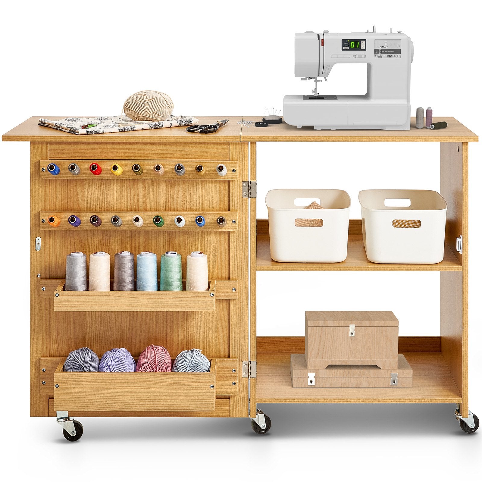 Folding Sewing Table with Lockable Wheels Shelves Trays Door Wood Color