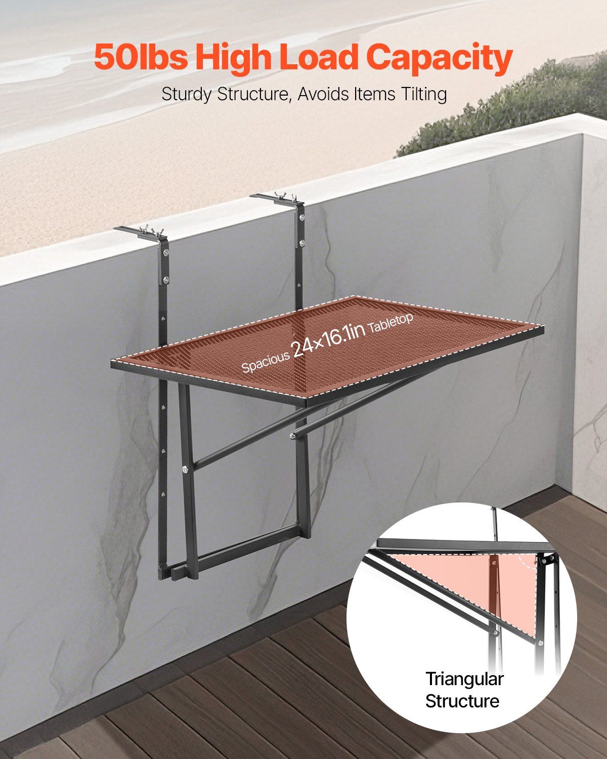 Balcony Hanging Table, 610 x 410 mm Metal Folding Balcony Railing Table, Outdoor Balcony Bar Table for Railings, 5-Level Adjustable, Fit Railing from 1" to 4.7", Serving Table for Patio & Deck