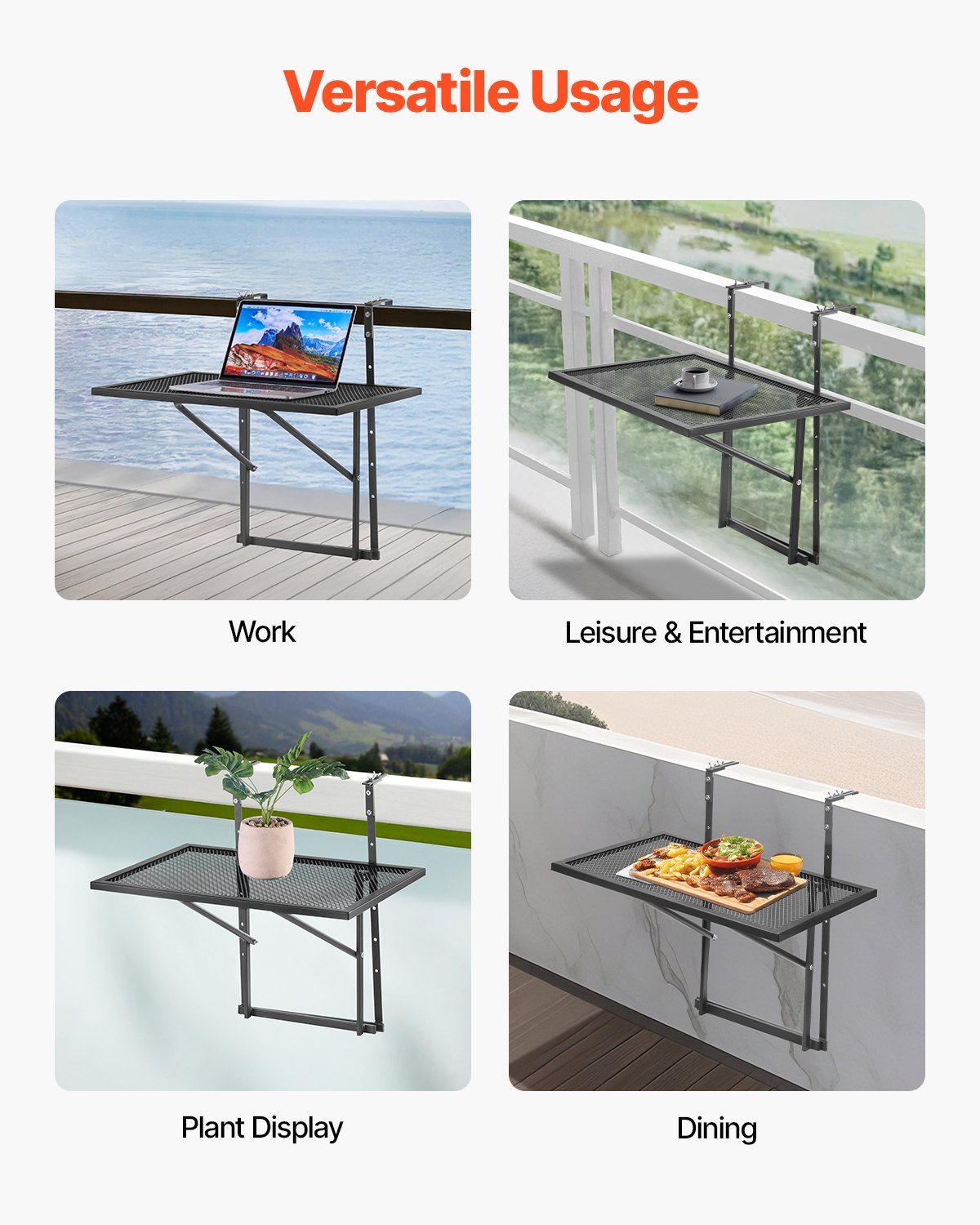 Balcony Hanging Table, 610 x 410 mm Metal Folding Balcony Railing Table, Outdoor Balcony Bar Table for Railings, 5-Level Adjustable, Fit Railing from 1" to 4.7", Serving Table for Patio & Deck