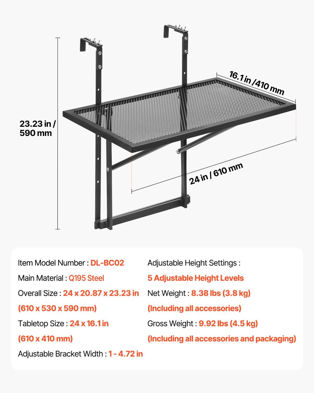 Balcony Hanging Table, 610 x 410 mm Metal Folding Balcony Railing Table, Outdoor Balcony Bar Table for Railings, 5-Level Adjustable, Fit Railing from 1" to 4.7", Serving Table for Patio & Deck