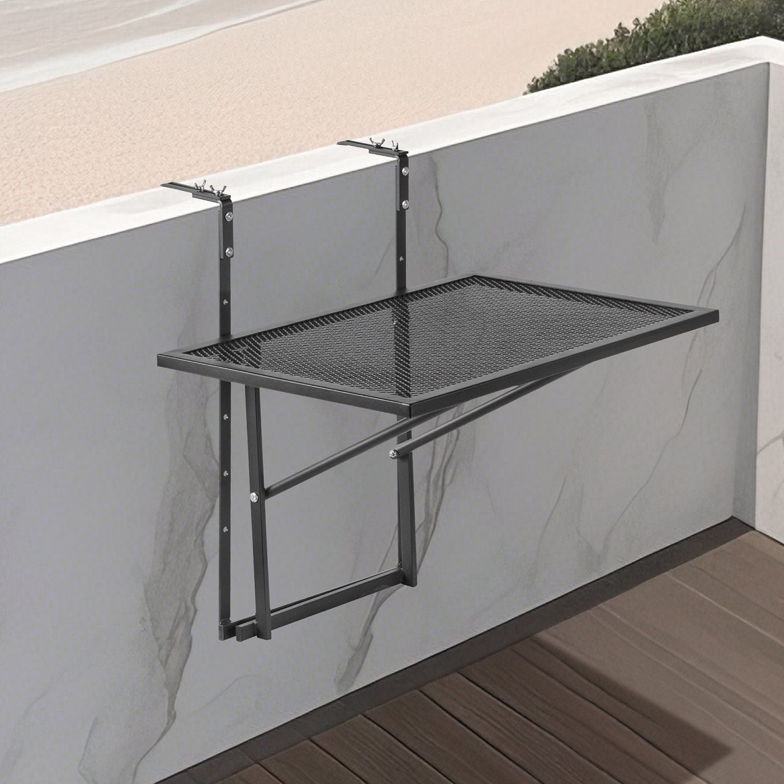 Balcony Hanging Table, 610 x 410 mm Metal Folding Balcony Railing Table, Outdoor Balcony Bar Table for Railings, 5-Level Adjustable, Fit Railing from 1" to 4.7", Serving Table for Patio & Deck