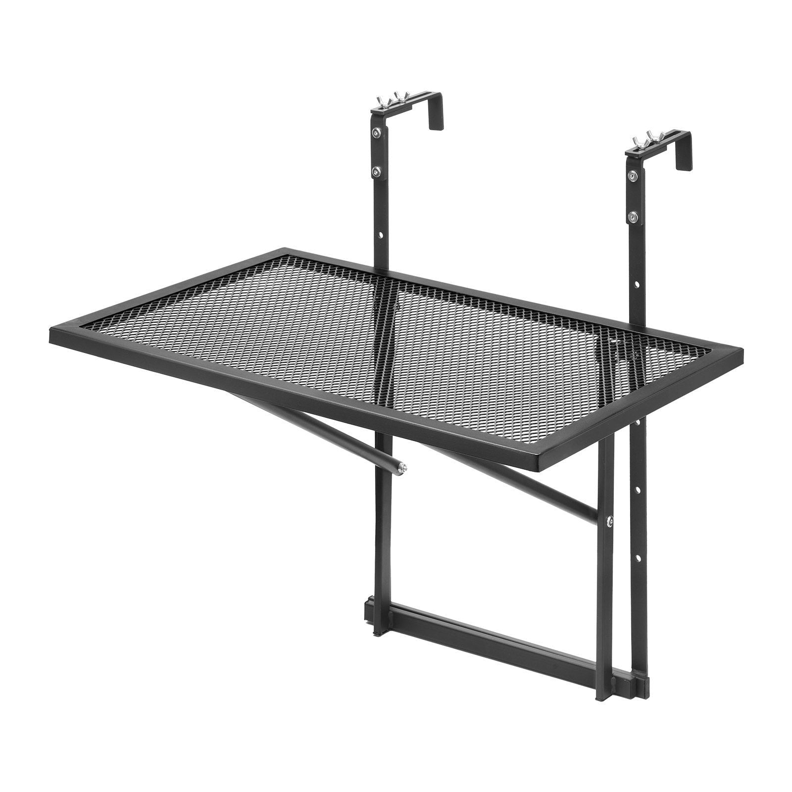 Balcony Hanging Table, 610 x 410 mm Metal Folding Balcony Railing Table, Outdoor Balcony Bar Table for Railings, 5-Level Adjustable, Fit Railing from 1" to 4.7", Serving Table for Patio & Deck