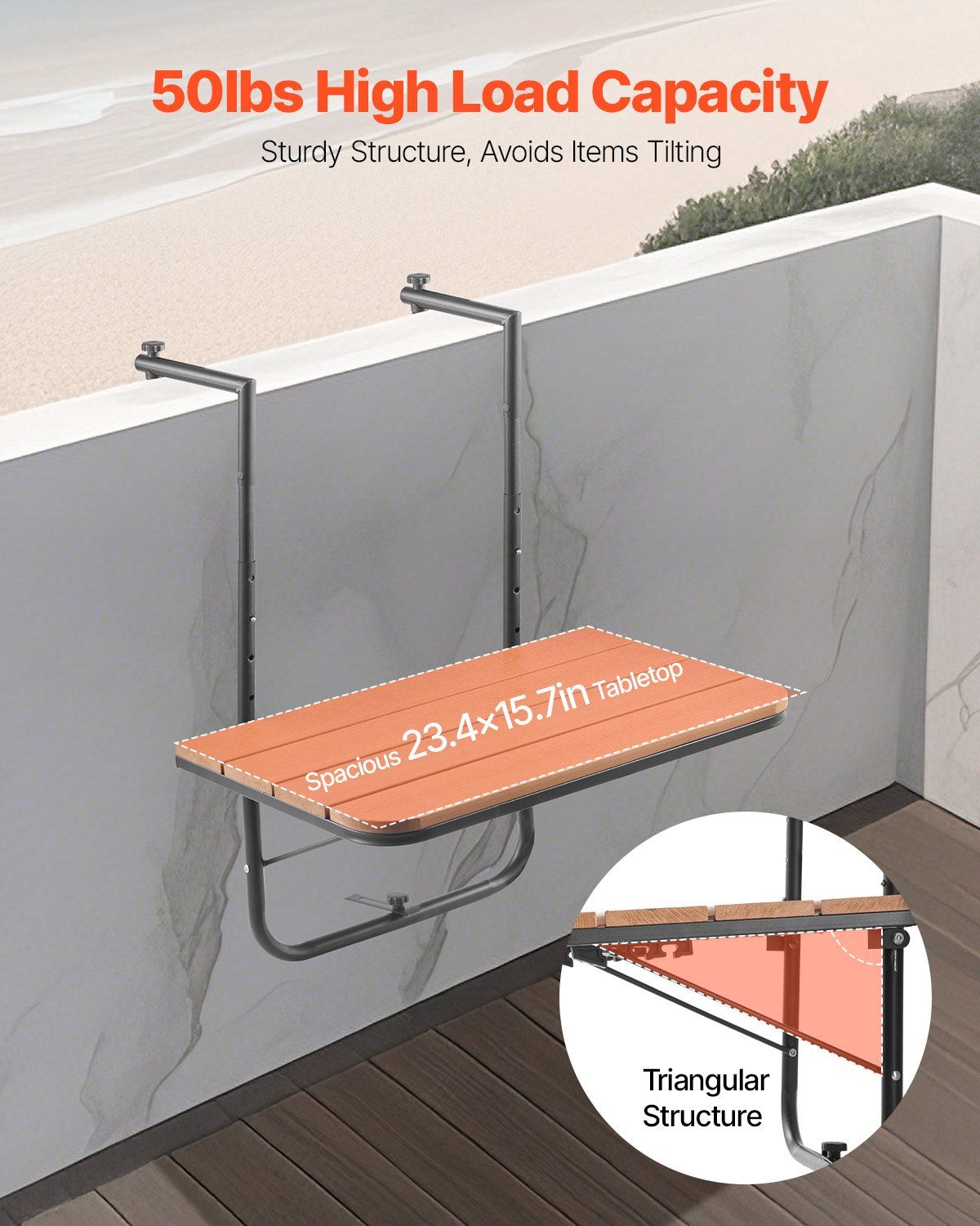 Balcony Hanging Table, 595 x 400 mm Folding Balcony Railing Table, Outdoor Balcony Bar Table for Railings, 4-Level Adjustable, Fit Railing from 1" to 8.27", Serving Table for Patio & Deck