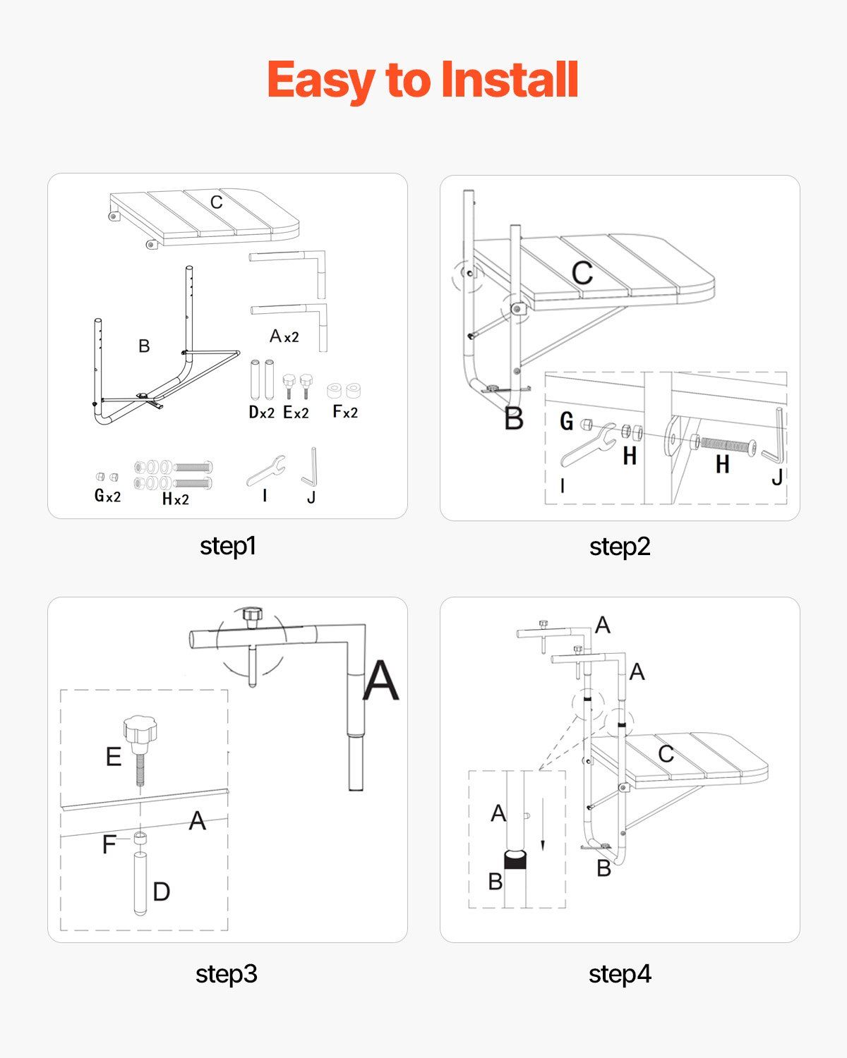 Balcony Hanging Table, 595 x 400 mm Folding Balcony Railing Table, Outdoor Balcony Bar Table for Railings, 4-Level Adjustable, Fit Railing from 1" to 8.27", Serving Table for Patio & Deck