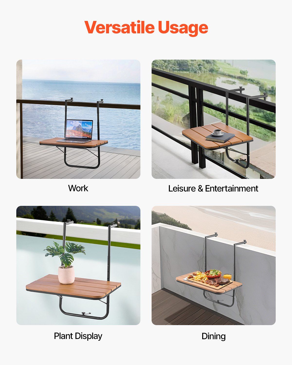 Balcony Hanging Table, 595 x 400 mm Folding Balcony Railing Table, Outdoor Balcony Bar Table for Railings, 4-Level Adjustable, Fit Railing from 1" to 8.27", Serving Table for Patio & Deck