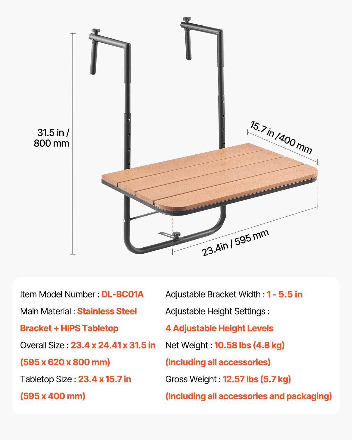 Balcony Hanging Table, 595 x 400 mm Folding Balcony Railing Table, Outdoor Balcony Bar Table for Railings, 4-Level Adjustable, Fit Railing from 1" to 8.27", Serving Table for Patio & Deck