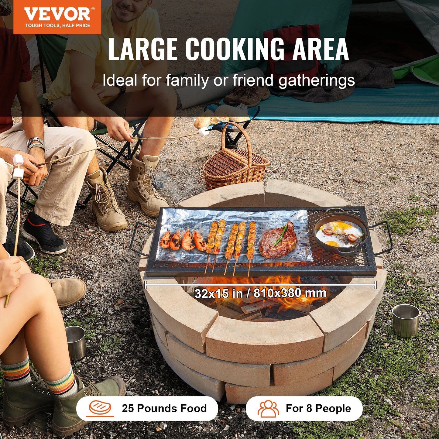 X-Marks Fire Pit Grill Grate, Rectangle Cooking Grate, Heavy Duty Steel Campfire BBQ Grill Grid with Handle & Support X Wire, Portable Camping Cookware for Outside Party Gathering, 81 cm Black