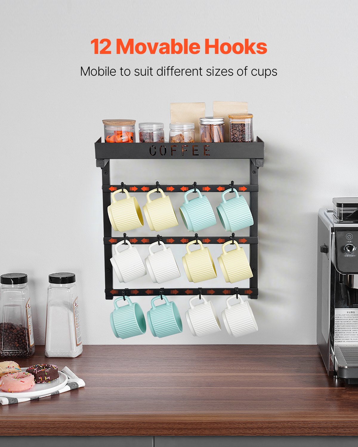 Coffee Mug Holder Wall Mounted w/ 12 Movable Hooks and Top Shelf Cup Rack