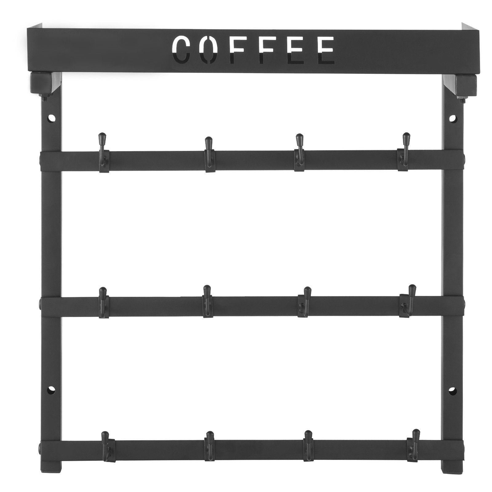 Coffee Mug Holder Wall Mounted w/ 12 Movable Hooks and Top Shelf Cup Rack