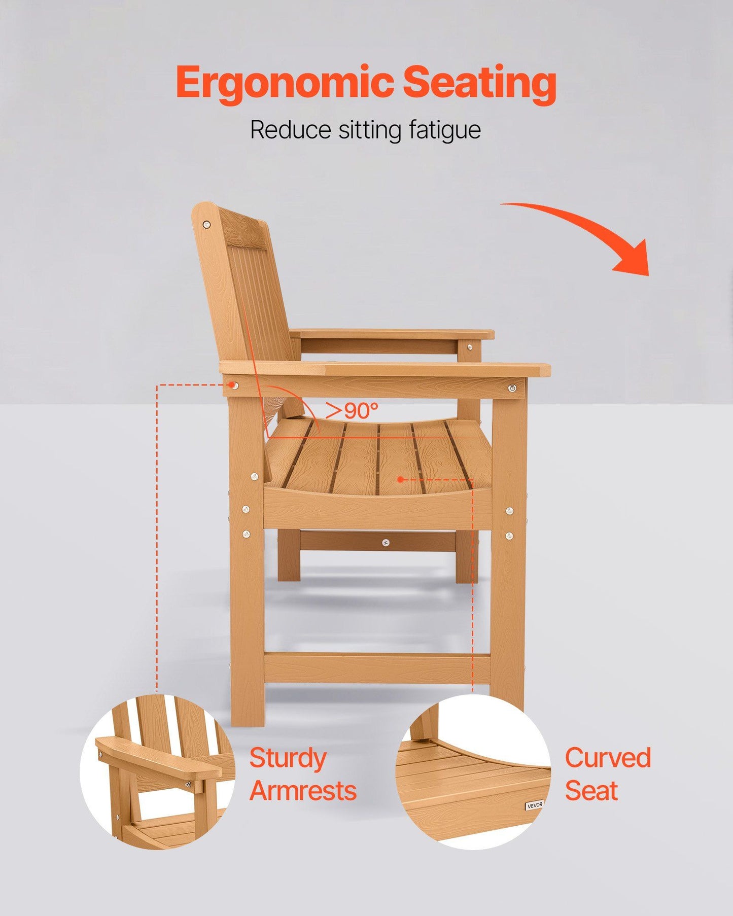 Outdoor Bench, 128 cm, 363 kg Weight Capacity for 2-3 Persons, Weatherproof Plastic Frame with Backrest and Wide Armrests, Outside Bench for Patio, Garden, Park, Yard, Natural Wood Color