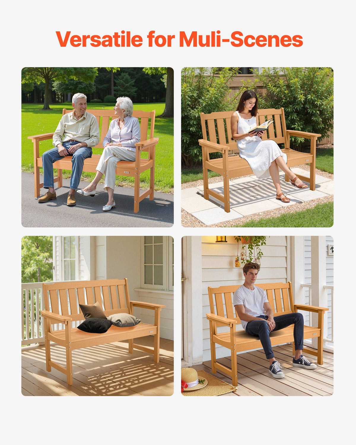 Outdoor Bench, 128 cm, 363 kg Weight Capacity for 2-3 Persons, Weatherproof Plastic Frame with Backrest and Wide Armrests, Outside Bench for Patio, Garden, Park, Yard, Natural Wood Color