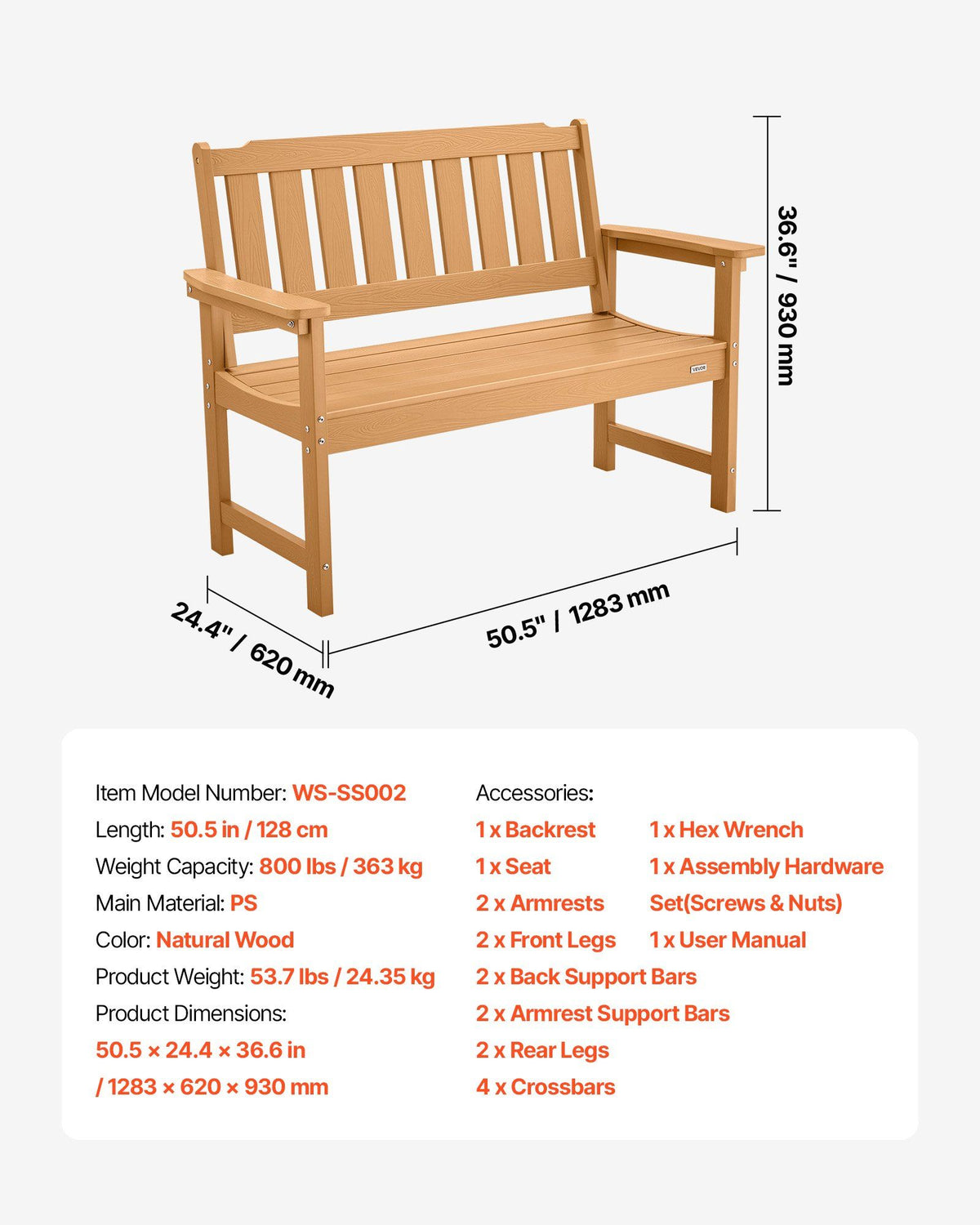 Outdoor Bench, 128 cm, 363 kg Weight Capacity for 2-3 Persons, Weatherproof Plastic Frame with Backrest and Wide Armrests, Outside Bench for Patio, Garden, Park, Yard, Natural Wood Color