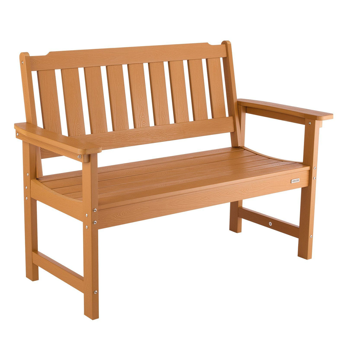 Outdoor Bench, 128 cm, 363 kg Weight Capacity for 2-3 Persons, Weatherproof Plastic Frame with Backrest and Wide Armrests, Outside Bench for Patio, Garden, Park, Yard, Natural Wood Color