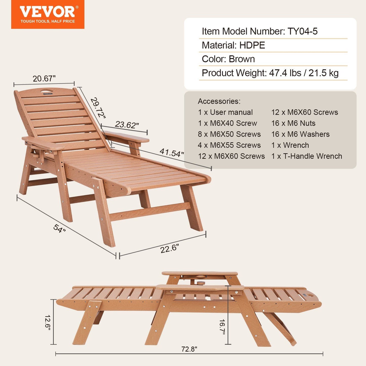 Chaise Lounge Chair, 181 kg Weight Capacity, 6 Positions Adjustable Patio Lounge Chair, Outdoor HDPE Lounge Chair with Backrest & Cup Holder, for Pool Poolside Deck Backyard Lawn, Brown