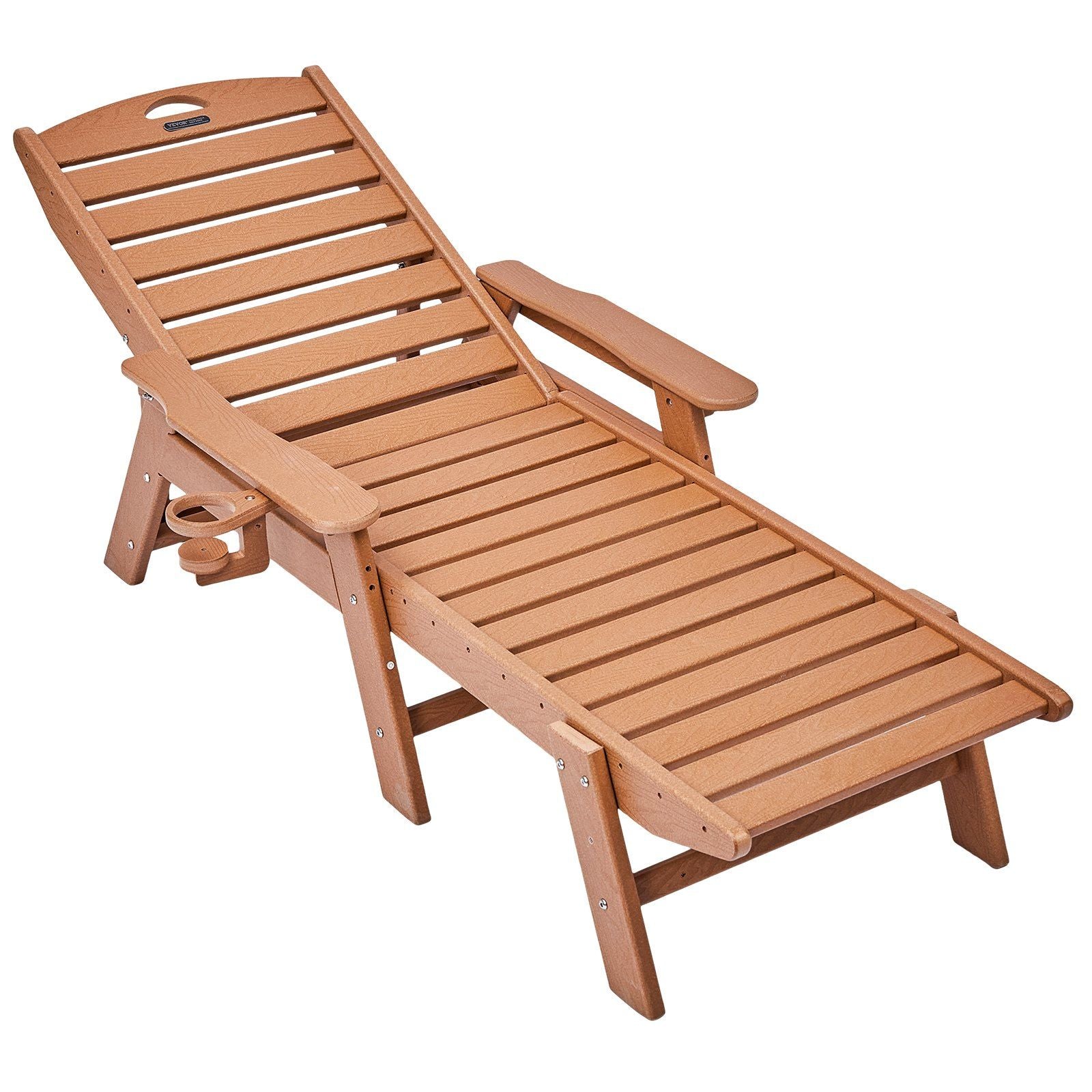 Chaise Lounge Chair, 181 kg Weight Capacity, 6 Positions Adjustable Patio Lounge Chair, Outdoor HDPE Lounge Chair with Backrest & Cup Holder, for Pool Poolside Deck Backyard Lawn, Brown